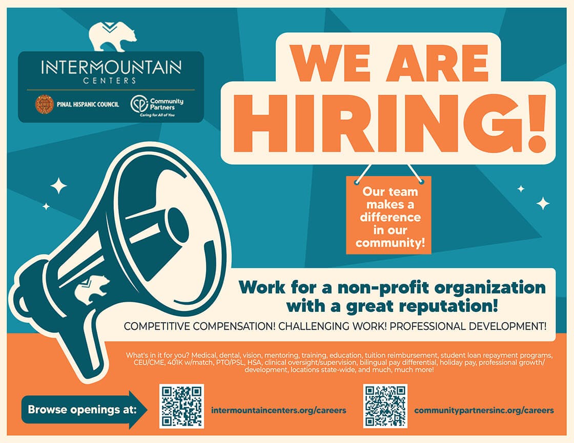 Orange and blue graphic announcing "we're hiring" with a megaphone.